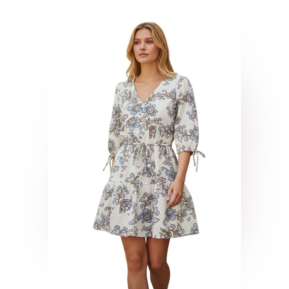 NWT Joie Floral Linen Mini Dress Blue Ivory Tie Sleeve Size 6 Vintage Inspired